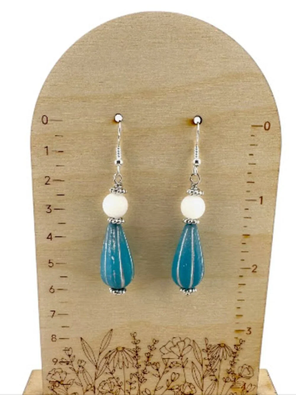 Blue Czech Glass Teardrop Earrings White Jade 925 Sterling Silver Coastal Boho